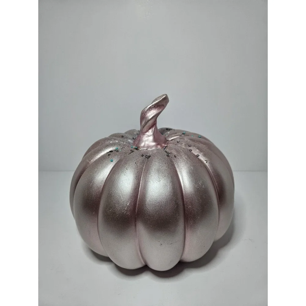 Pink Iridescent Art Glass Pumpkin Twisted Stem Fall Thanksgiving Decor 7in